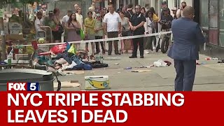 NYC triple stabbing leaves 1 dead man in custody [upl. by Atteval]