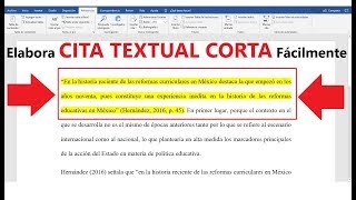 CÓMO HACER UNA CITA TEXTUAL CORTA  MUESTRO EJEMPLO  NORMAS APA [upl. by Ahsena]