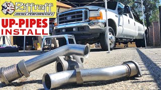 2001 F350 73  RiffRaff UpPipes Install  Stock up pipes leaking and falling apart JUNK SP [upl. by Bee]