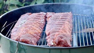 How to smoke BBQ ribs with the Slow N Sear and kettle  baby back or spareribs [upl. by Aneri]