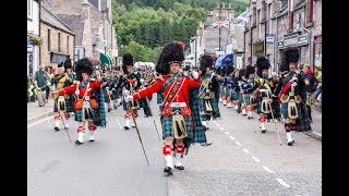 Massed Pipes amp Drums parade through Deeside town to start the Ballater Highland Games 2018 [upl. by Honig]